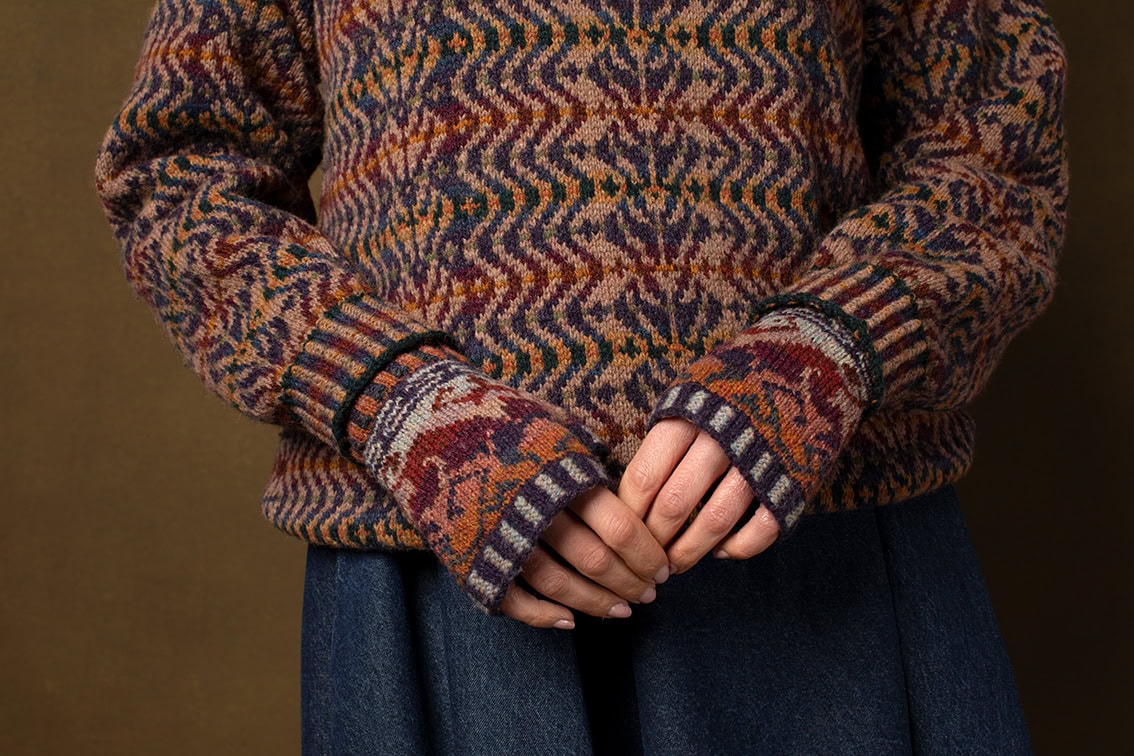 The Selkie Pullover and Hawk & Hound Hat Set patterncard kit designs by Alice Starmore in Hebridean 2 Ply