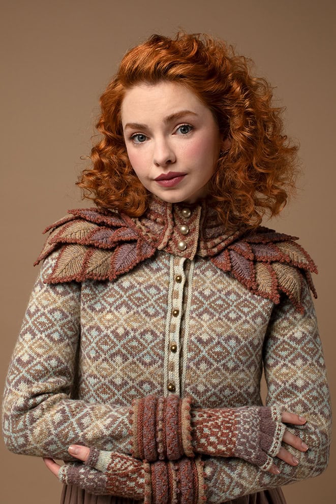 The Conachair Collar & Cuffs, the Delta Cardigan and Briodag gloves designs by Alice Starmore, made in Hebridean 2 Ply for Virtual Yarns