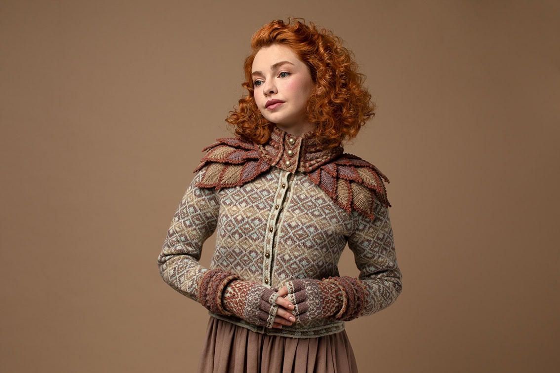The Conachair Collar & Cuffs, the Delta Cardigan and Briodag gloves designs by Alice Starmore, made in Hebridean 2 Ply for Virtual Yarns