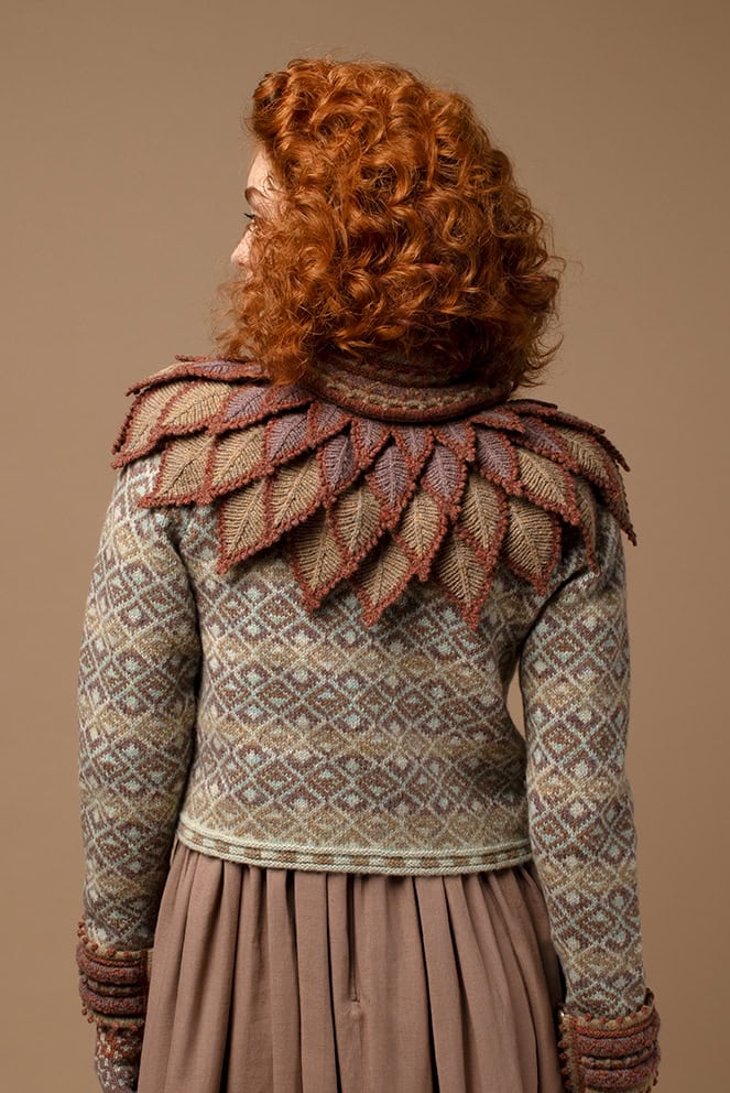 The Conachair Collar & Cuffs, the Delta Cardigan and Briodag gloves designs by Alice Starmore, made in Hebridean 2 Ply for Virtual Yarns