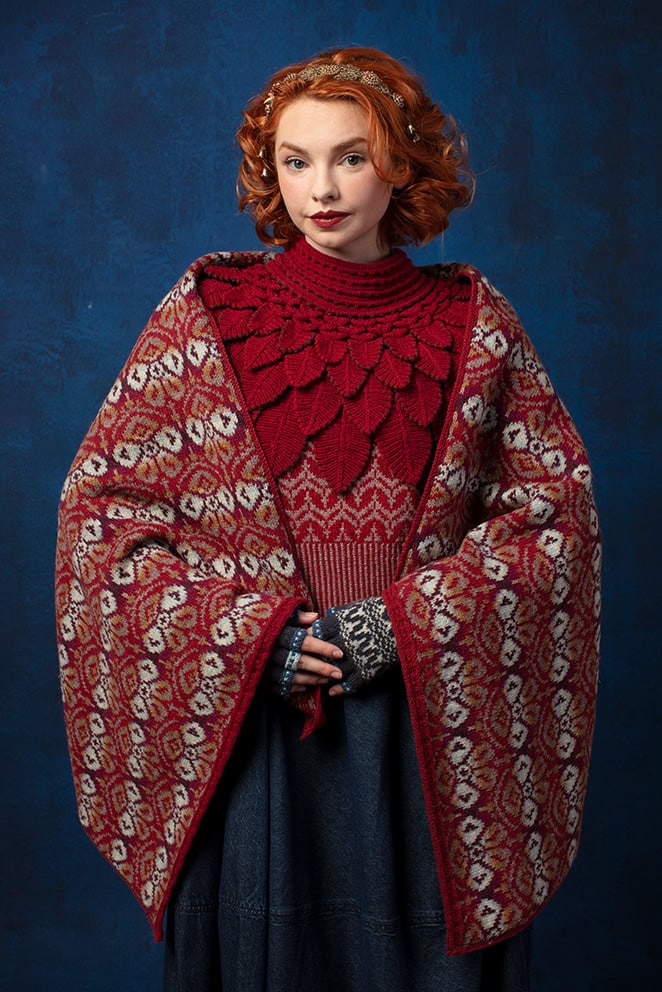 Lady Mary design from the book Tudor Roses by Alice Starmore and the Boreray Pullover, Eagle Collar and Hirta gloves patterncard kit design by Alice Starmore in Hebridean 2 Ply