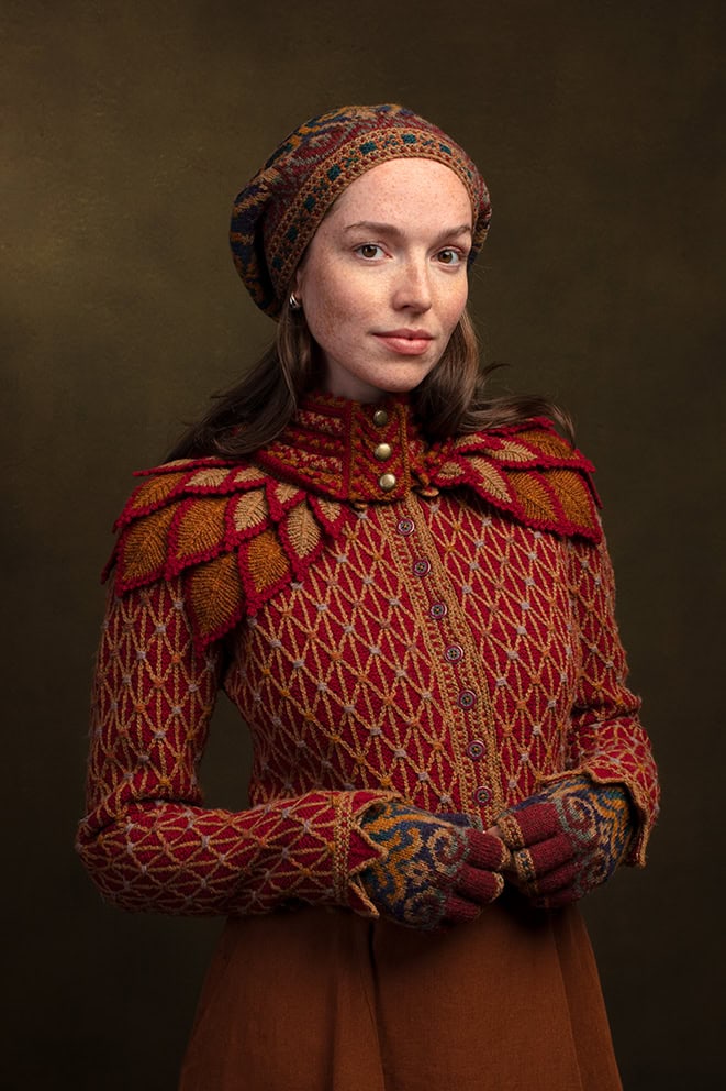 The Conachair Collar, Jane Seymour Jacket and Henry VIII Hat Set designs by Alice Starmore, made in Hebridean 2 Ply for Virtual Yarns