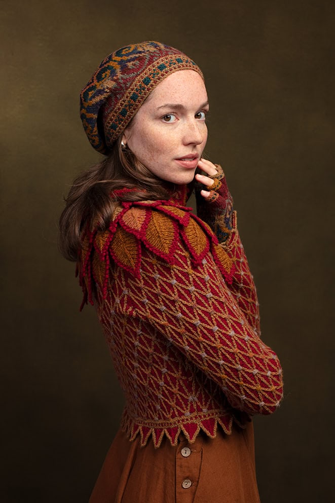 The Conachair Collar, Jane Seymour Jacket and Henry VIII Hat Set designs by Alice Starmore, made in Hebridean 2 Ply for Virtual Yarns