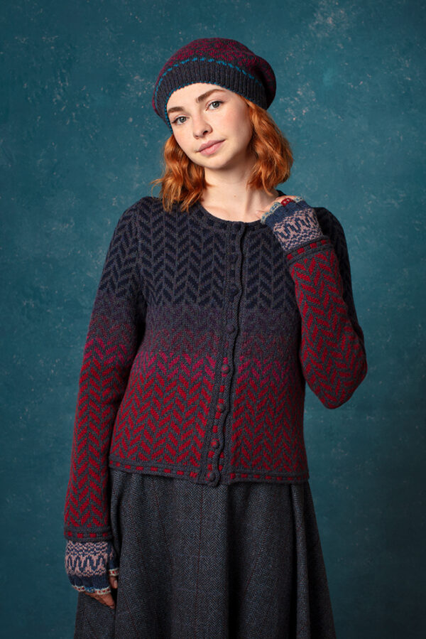 Gleann Beag Cardigan, Hirta Gloves and Cassiopeia Hat designs by Alice Starmore in Hebridean 2 Ply