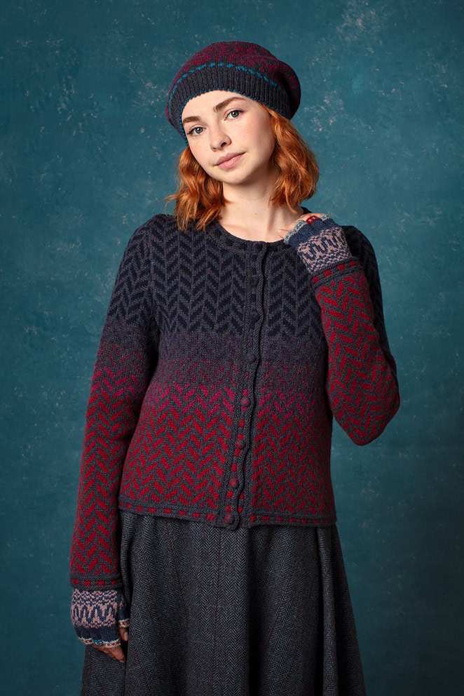 Gleann Beag Cardigan, Hirta Gloves and Cassiopeia Hat designs by Alice Starmore in Hebridean 2 Ply