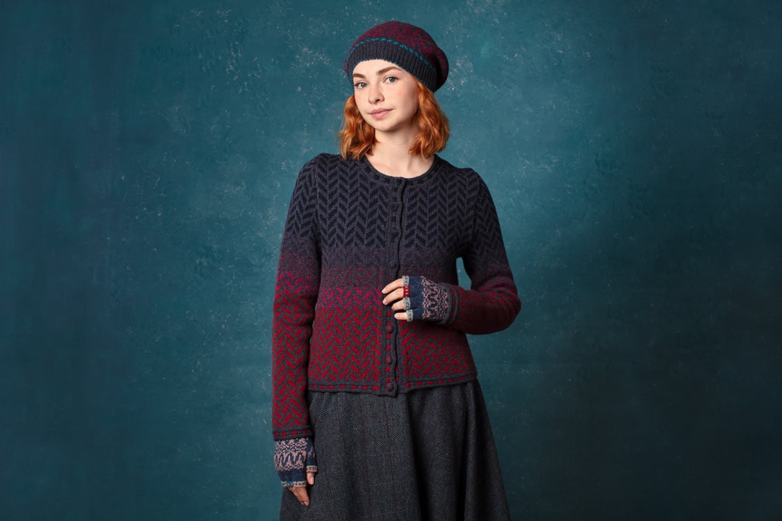 Gleann Beag Cardigan, Hirta Gloves and Cassiopeia Hat designs by Alice Starmore in Hebridean 2 Ply