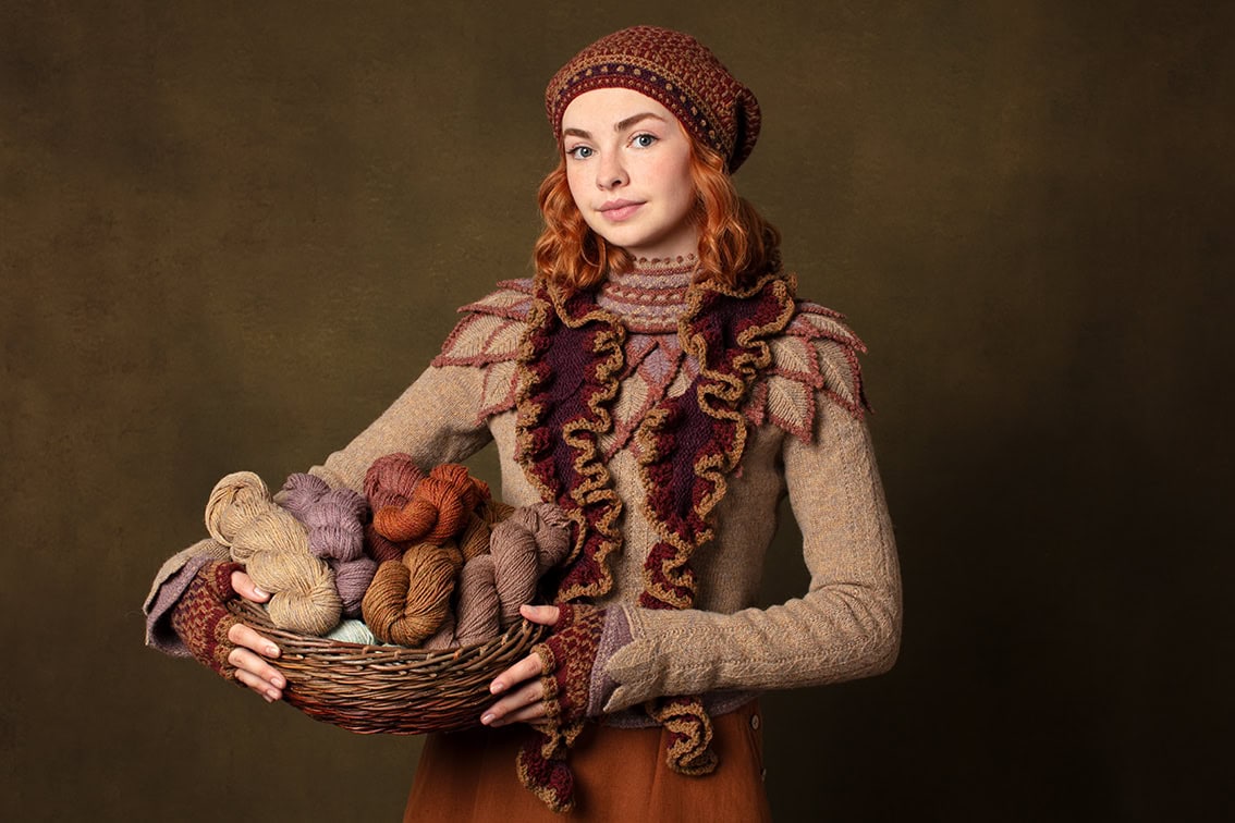 Conachair Collar, Lapwing Pullover and Briodag Hat Set patterncard kit designs by Alice Starmore in Hebridean 2 Ply
